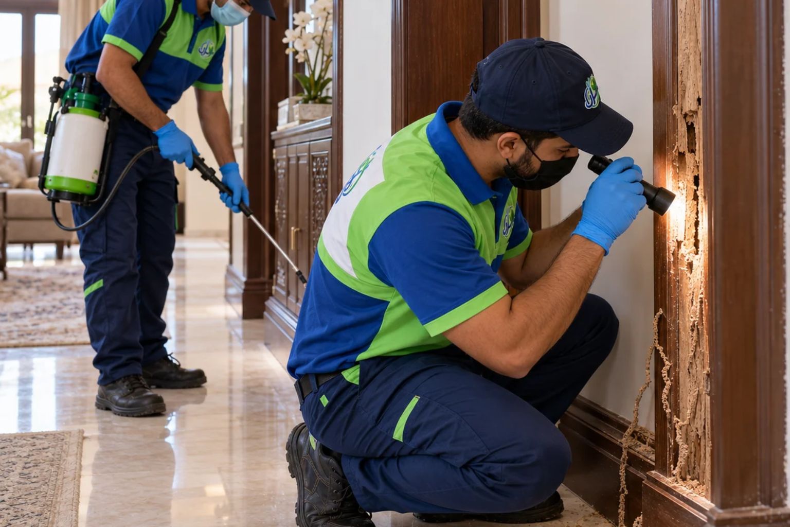 نموذج توضيحي لمكافحة الرمة في العين وفحص آثار النمل الأبيض في إطار باب خشبي داخل فيلا